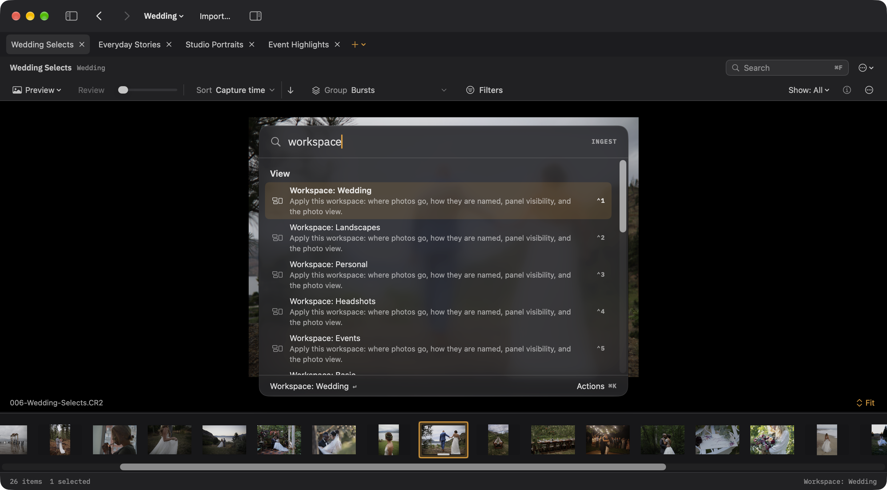 Example photography workspaces in the Command Palette
