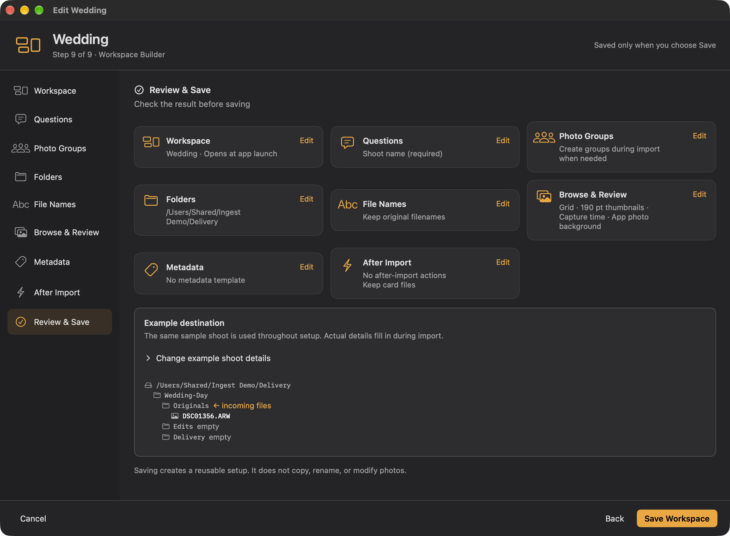 Workspace Builder Review and Save