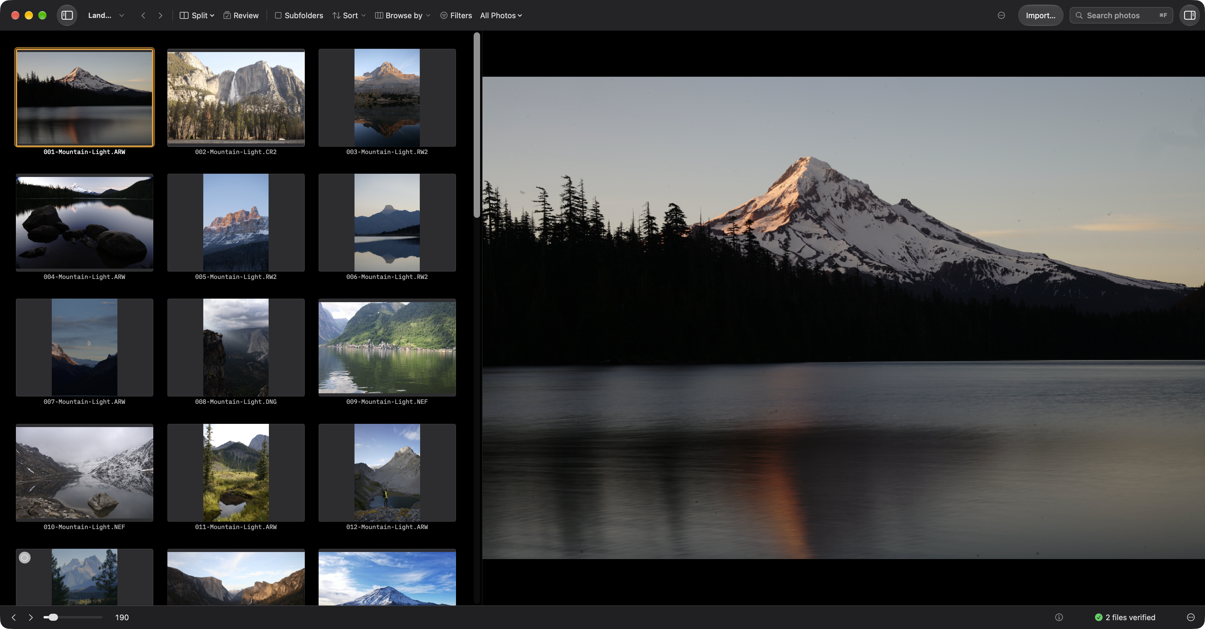 Landscape RAW thumbnails beside a large mountain photograph in Split view