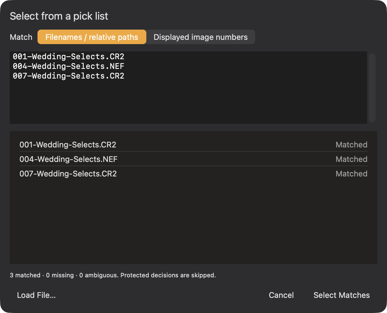 Three client filenames matched in the pick-list sheet