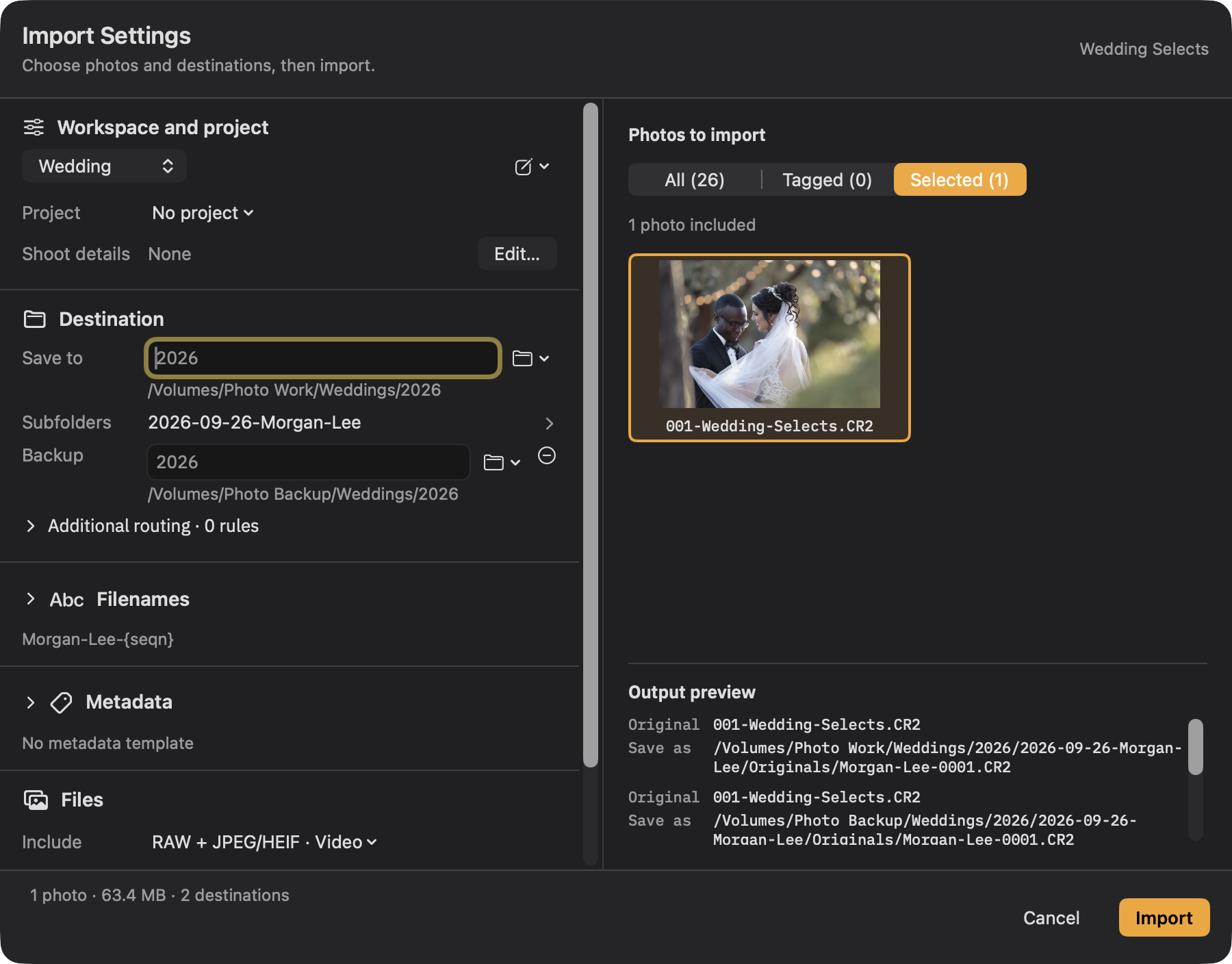 Wedding RAW import with named folders and a backup destination