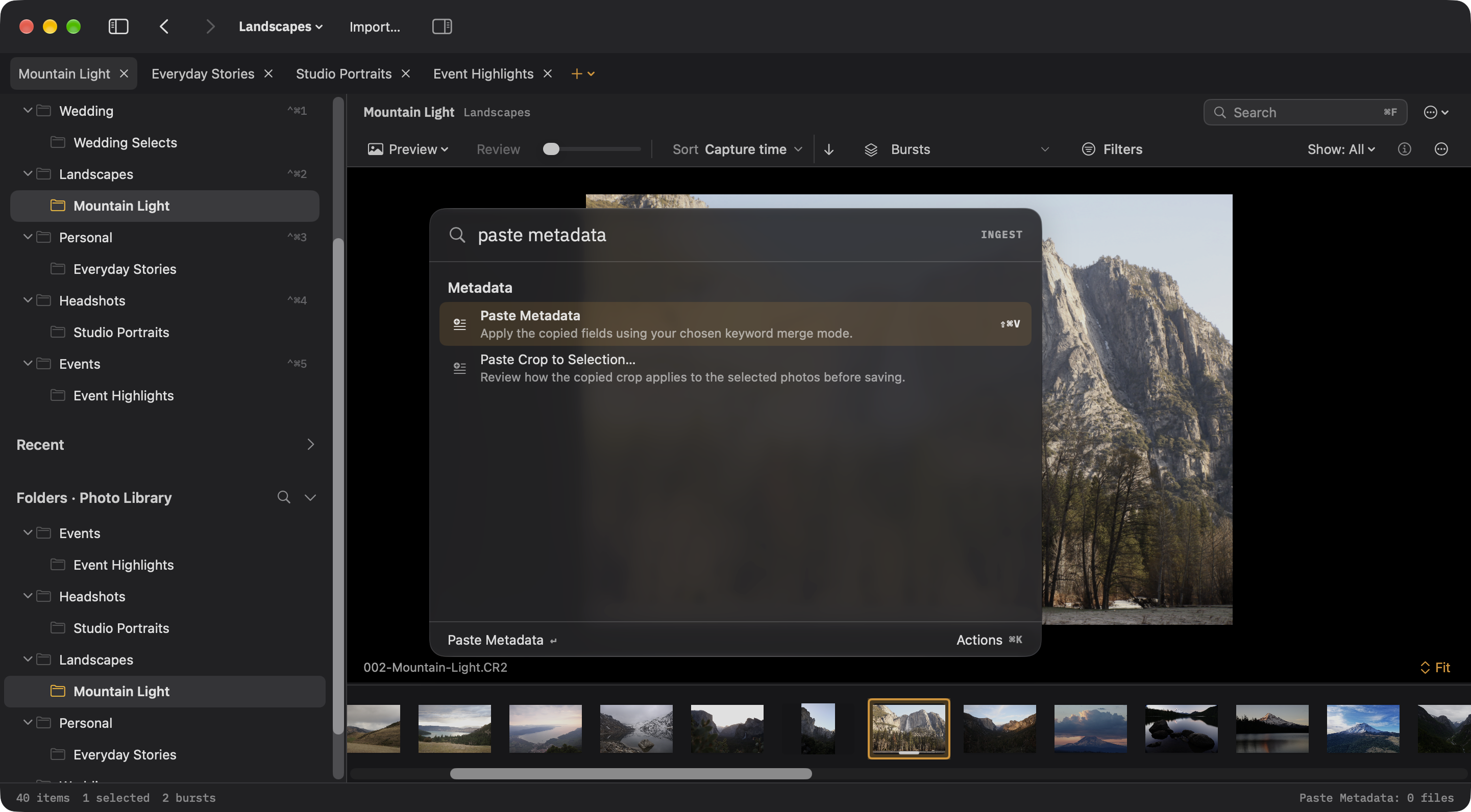 Paste Metadata in the Command Palette with its shortcut and keyword merge behavior